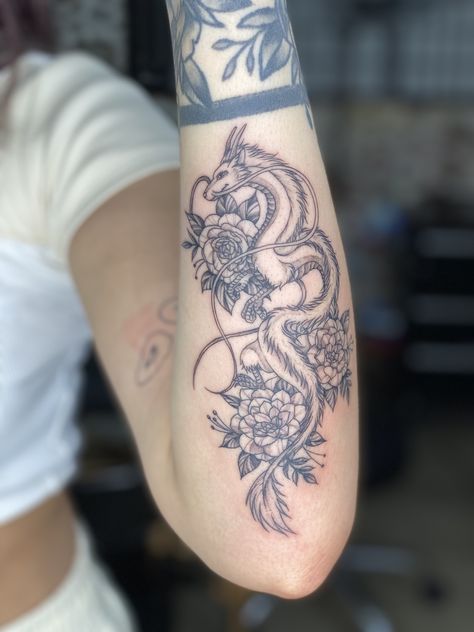 Haku Dragon from Studio Ghibli’s Spirited Away with camellia flowers. Artist: @/fanwuink @/fantattoo531 on instagram #hakutattoo #ghiblitattoo #spiritedaway #girlswithtattoos #studioghibli #haku #animetattoos #camelliatattoo Anime Inspired Tattoos Studio Ghibli, Studio Ghibli Flower Tattoo, Studio Ghibli Tattoo Sleeve, Studio Ghibli Nail Art, Haku Dragon Tattoo, Studio Ghibli Tattoo Ideas, Haku Tattoo, Rose Tattoo Hand, Totoro Tattoo