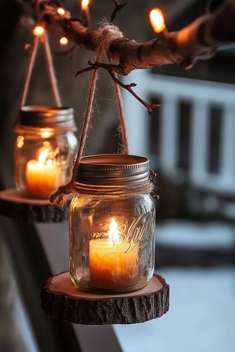 "Light up your space with Rustic DIY Mason Jar Lanterns! 🕯️✨ These charming lanterns add a cozy, farmhouse vibe to any room. Easy to make and perfect for any occasion! 🌟🏡 #RusticDecor #MasonJarCrafts #DIYLighting" Jam Jar Lights, Diy Fall Lanterns, Diy Hanging Candles, Glass Jar Lanterns, Diy Night Light Ideas, Diy Lanterns Outdoor, Mason Jar Lights Diy, Mason Jar Lanterns Diy, Diy Mason Jar Lanterns