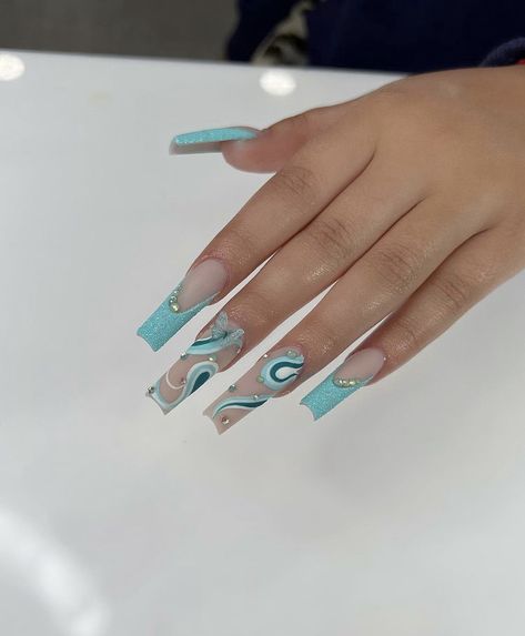 Nail Freestyle, Swirls Nails, Anniversary Nails, Ombre Gel Nails, Bday Nails, Classy Acrylic, Aqua Nails, Blue French Tips, Teal Nails