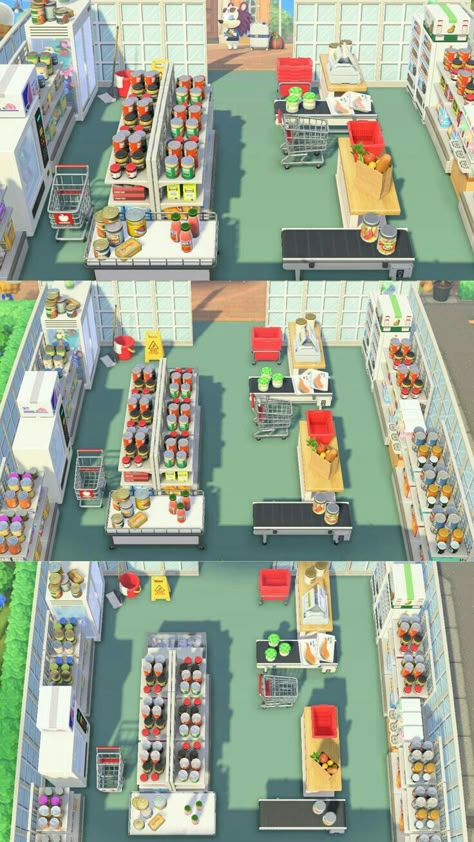 Acnh Shopping Cart Area, Market Acnh Design, Store Ideas Animal Crossing, Acnh Store Design Ideas, Animal Crossing Island Shop Ideas, Animal Crossing Stores Idea, Animal Crossing Store Design, Animal Crossing Food Market, Stores Animal Crossing