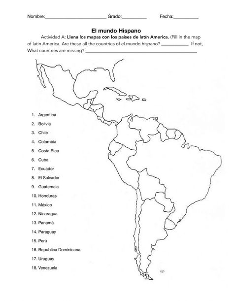 Spanish Speaking Countries Activities, Spanish Speaking Countries Map, Latin America Map, Preterite Spanish, Lapbook Ideas, Teacher Portfolio, Guided Reading Activities, South America Map, Map Worksheets