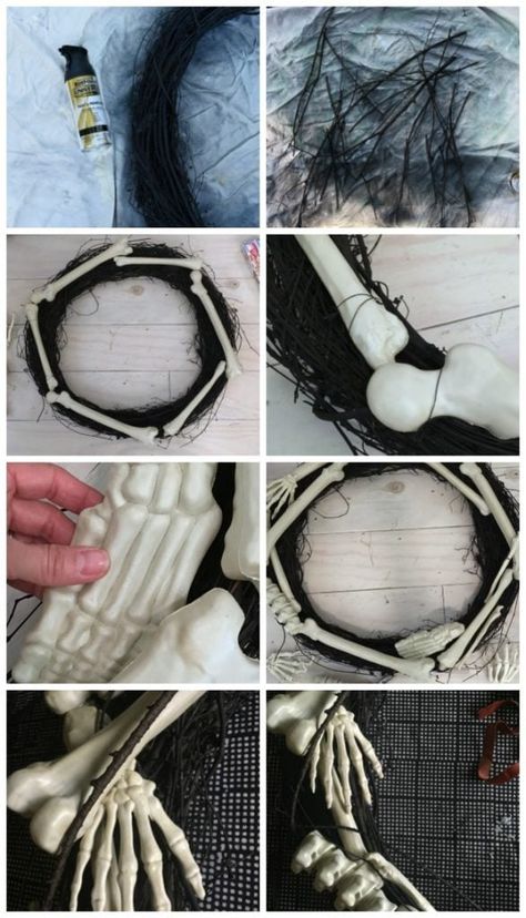 Sticks + Bones || Halloween Skeleton Wreath » This Little Miggy Bone Wreath Halloween, Bone Wreath, Skeleton Parts, Skeleton Arm, Matte Spray Paint, Skeleton Wreath, Easy Diy Wreaths, Boxwood Wreath, Bone Crafts