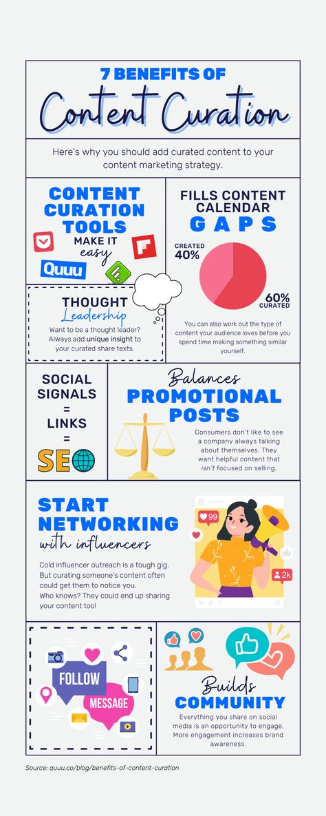 7 Benefits of Content Curation for Social Media [Infographic] - Quuu Blog Startup Marketing, Social Media Infographic, Marketing News, Marketing Advice, Digital Marketing Social Media, Content Calendars, Competitor Analysis, Youtube Marketing, Social Media Engagement