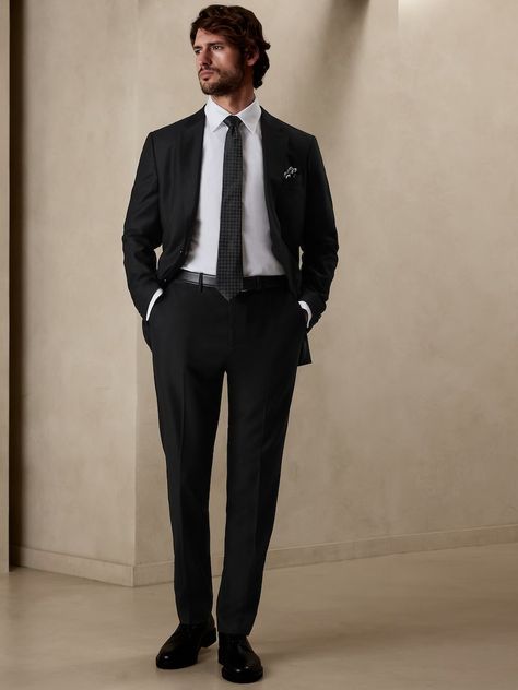 Men's Suits & Suit Separates | Banana Republic Black Suit Wedding Guest, Men Black Tie Wedding Guest Attire, Wedding Male Outfit, Black Suit Black Tie, Suit Without Tie, Mens Black Suit, Men's Black Suit, Suit And Tie Men, Marriage Suits