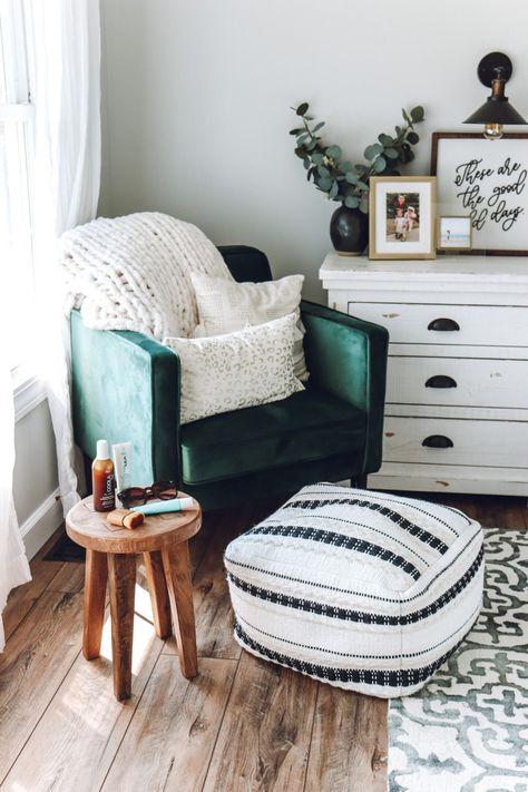 sunless tanner // home decorating ideas // emerald chair // velvet chair // green chair // sitting area ideas // chair ideas // boho home decor // boho farmhouse decor // boho chair Green Accent Chair, Target Finds, Velvet Chair, Dream Apartment, Green Chair, Bedroom Chair, Cheap Decor, Cozy Corner, My New Room