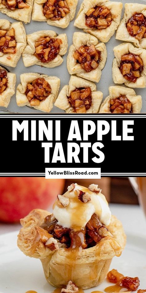 Mini Apple Tarts are flaky puff pastry cups with apple pie filling. Top with pecans, caramel and whipped cream for the perfect dessert. Mini Apple Pies In Muffin Tin Puff Pastries, Mini Apple Pastries, Apple Mini Tarts, Mini Apple Pies Puff Pastry, Mini Puff Pastry Desserts, Thanksgiving Tarts, Caramel Apple Tartlets, Puff Pastry Apple Pie, Puff Pastry Cups