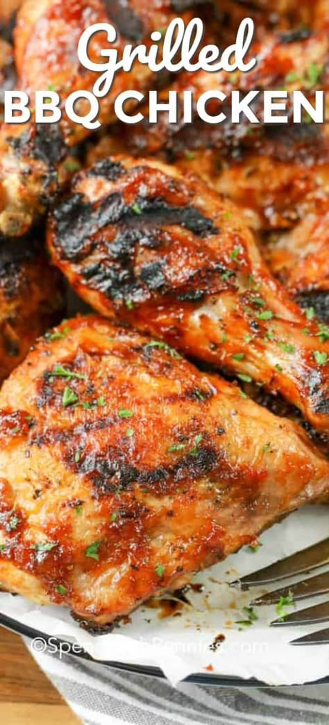 This barbecue chicken recipe, with only 4 ingredients, is easy to make and toss on my charcoal grill! I love topping my salads, pizzas, or even nachos with this juicy chicken!   #spendwithpennies #grilledBBQchicken #barbecue #maindish #grillingrecipes Summertime Dinners, Picnic Chicken, Barbecue Chicken Recipe, Family Supper, Oven Baked Chicken Breasts, Grilled Bbq Chicken, Grilled Chicken Thighs, Favorite Chicken, Oven Baked Chicken