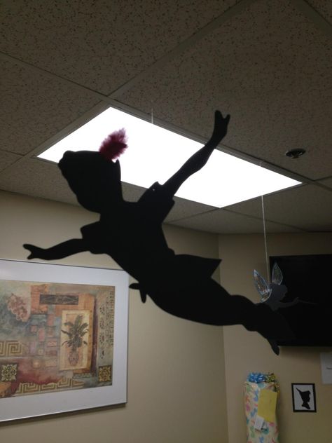 Peter Pan shadow cutout Disney Photo Backdrop, Peter Pan Halloween Decorations, Peter Pan Classroom Door, Peter Pan Door Decorations Classroom, Peter Pan School Decorations, Peter Pan Decorations, Peter Pan Jr Set Design, Peter Pan Crafts, Peter Pan Theatre Set Design