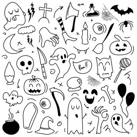 Scary Doodles, Halloween Desenhos, Cat Face Pumpkin, Halloween Doodles, Halloween Party Flyer, Esoteric Symbols, Tools Drawing, Hand Doodles, Halloween Party Props