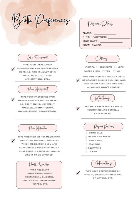 This birth plan template is perfect for recording your birth preferences prior to your hospital, birth center, or home birth experience. The template includes prompts with editable text boxes for the different aspects of labor, delivery, and postpartum as well as newborn care. This template is also perfect for the doula wanting to help her client prepare for birth.

#homebirth #naturalbirth #birthplan #doula #birthprep #bradleymethod #hypnobirthing Christian Birth Doula, Doula Pricing, Doula Contract Template Free, Postpartum Doula Business, Birth Plan Examples, Bradley Method, Doula Bag, Doula Care, Birth Partner