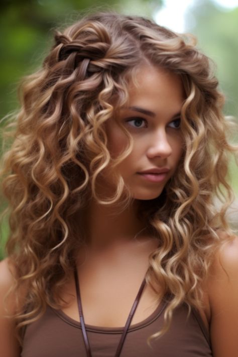 63 Curled Hairstyles That Will Make You Need to Curl Your Hair Proper Now Check more at https://howcandothis.com/hairstyleideas/63-curled-hairstyles-that-will-make-you-need-to-curl-your-hair-proper-now/ Waterfall Braid Naturally Curly Hair, Curly Hair Waterfall Braid, Curly Hair With Crown, Easy Braids For Medium Hair, Braid Curly Hairstyles, Long Curly Hair Hairstyles, Fairytale Hairstyles, Bridgerton Hair, Waterfall Curls