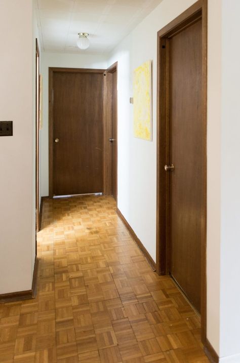 Updating 70s House, Mid Century Interior Doors, Colored Interior Doors, Indoor Door Colors, Hallway Makeover Before And After, Mid Century Modern Hallway, Cottage Hallway, Hallway Paint Colors, Mid Century Modern Door