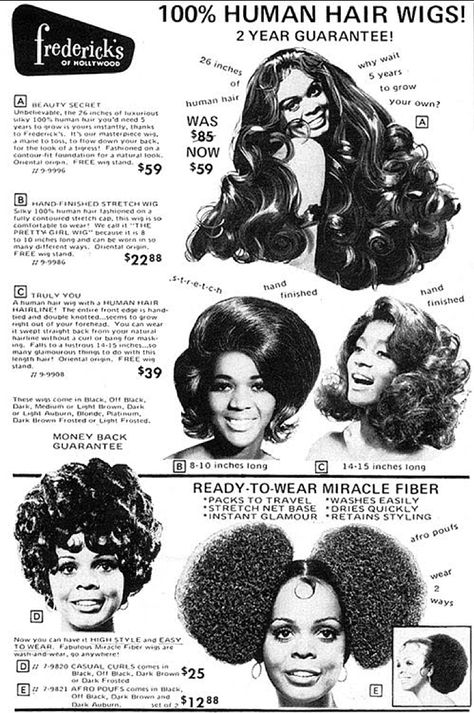 Frederick's of Hollywood Vintage Ads 1970s, Black Hair History, 1970s Hairstyles, 1970s Style, Vintage Black Glamour, Beauty Ad, 100 Human Hair Wigs, Vintage Makeup, Fredericks Of Hollywood