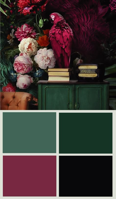 Jewel Tone Office Design, Emerald Green Swatch Color Pallets, Moody Maximalist Color Pallet, Magenta Office Decor, Jewel Toned Office Decor, Viva Magenta Living Room, Magenta And Green Bedroom, Wedding Jewel Tones Colour Palettes, Jewel Tone Wedding Color Schemes