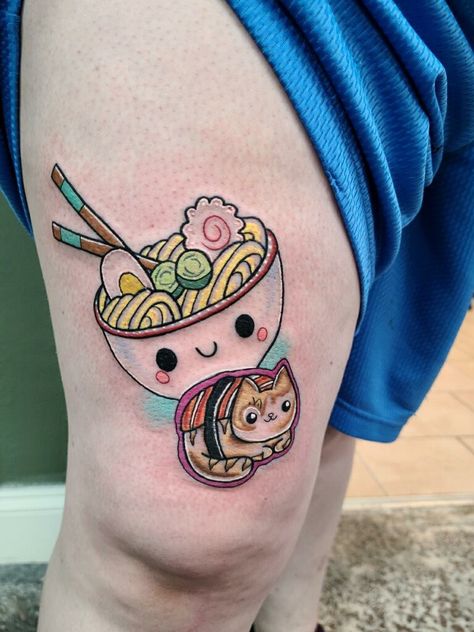 Couple Food Tattoos, Sushi Tattoo Cute, Ramen Bowl Tattoo, My Cat Tattoo, Practice Tattooing, Ramen Tattoo, Sushi Tattoo, Kawaii Ramen, Chef Tattoo