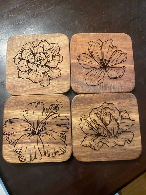 Set of 4 Acacia wood coasters. Color of wood may vary from photo. Wooden Coasters Wood Burning, Coaster Patterns, Pyrography Coasters, Wood Burning Coasters Ideas, Wood Burning Coasters, Wood Burning Ideas For Beginners Simple, Wood Etching, Valentines Coasters, Wood Burning Patterns Stencil