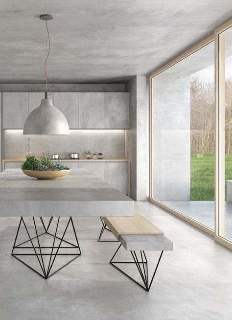 Concrete Kitchen Floor, Concrete Floors Living Room, Concrete Interiors, Concrete Walls, Interior Minimalista, Concrete Kitchen, Kitchen And Dining Room, Kitchen Room Design, Minimalism Interior