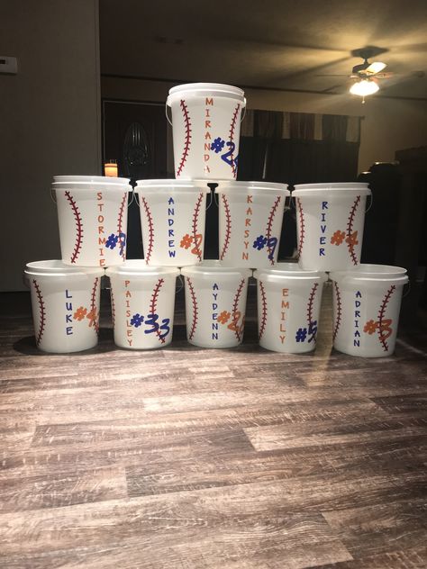 Baseball Buckets For Dugout Team Mom, Tball Organization, Tball Dugout Organization, Baseball Buckets For Dugout, Dugout Buckets, Tball Snack Ideas, Baseball Senior Night Ideas, Baseball Locker Room, Tball Coach