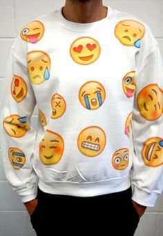 Emojis _ White Emoji, Emoji Clothes, Emoji Shirt, Emoji Face, Fresh Tops, Funny Sweaters, Emoji Faces, Face Print, White Sweatshirt