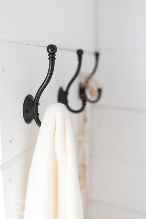 Classic and modern hooks for towels - pool house | Finding Silver Pennies #poolhouseinspiration #summerinspiration #coastal #shiplap Hooks For Towels In Bathroom, Coastal Pool House, Coastal Pool, White Painted Floors, Coastal Towels, Hand Towel Hook, Target Mirrors, Bathroom Wall Hooks, Hooks For Towels