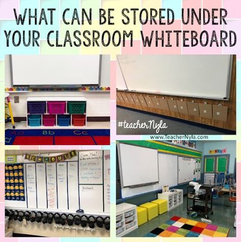 Classroom Storage Ideas for Under your Whiteboard Classroom Whiteboard Organization, Classroom Storage Ideas, Whiteboard Organization, Classroom Shelves, Teacher Storage, Classroom Whiteboard, Low Bookshelves, Education Post, Classroom Hacks