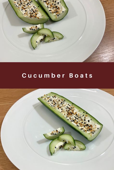 A plate with a halved cucumber filled with cream cheese and topped with everything bagel seasoning. Cucumber With Everything Bagel Seasoning, Cucumber Cream Cheese And Everything Bagel Seasoning, Cucumbers With Cream Cheese And Everything Bagel Seasoning, Cucumber Cream Cheese Snack, Cucumbers Cream Cheese Everything Bagel, Cucumbers And Cream Cheese, Cucumber Cream Cheese Everything Bagel, Cucumber Everything Bagel, Cucumber Boats With Cream Cheese