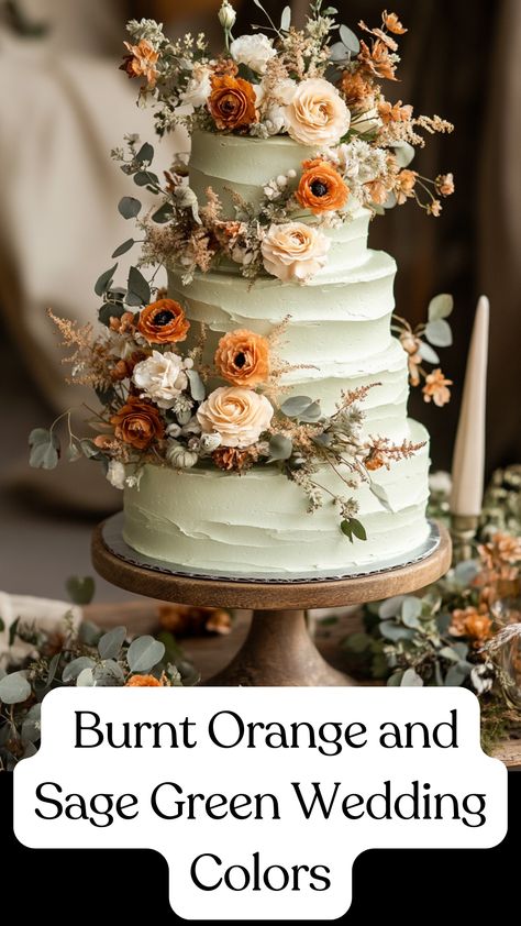 A cake with frosting spread between each layer of wedding cake decorated with sage green buttercream and burnt orange sugar flowers for a rustic and elegant touch. Sage Green Rustic Wedding Cake, Rusty Orange And Green Wedding, Sage Green And Rustic Orange Wedding, Sage Green And Light Terracotta Wedding, Fall Floral Wedding Cake, Burnt Orange Wedding Cake Ideas, Wedding Cake Ideas Fall, Navy Blue Burnt Orange Sage Green Wedding, Olive And Orange Wedding