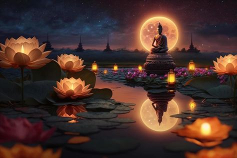 Buddha purnima Vesak day background, Buddha statue with Lotus flower and Candle light side on river. Generative ai Buddha Background, Vesak Day, Buddha Purnima, Floating Lanterns, Lotus Candle, Day Background, Light Side, Buddha Image, The Buddha