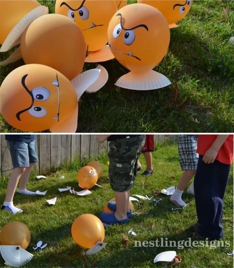 A cute party game with Goomba balloons! Luigi Party, Joey Birthday, Mario Costumes, Super Mario Brothers Birthday Party, Super Mario Brothers Party, Super Mario Brothers Birthday, Mario Brothers Birthday Party, Mario Kart Party, Mario Bros Birthday Party Ideas