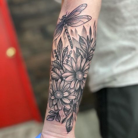 Garden Themed Tattoos, Forearm Flower Tattoo Sleeve, Womens Back Of Arm Tattoo, Wild Flower Forearm Tattoo, Rain Forest Tattoo, Forearm Nature Tattoo, Back Of Upper Arm Tattoo Women, Tatt00 Ideas, Woman Forearm Tattoo