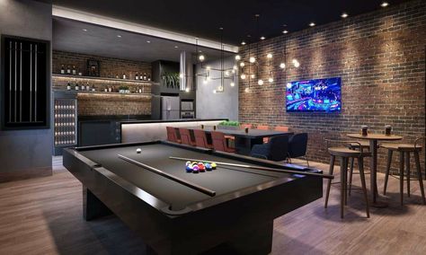 Pool Table Room With Bar, Black Pool Table, Pool Room Ideas, Billiards Room Decor, Pool Table Room, Home Game Room, Black Pool, Home Bar Rooms, Man Cave Room