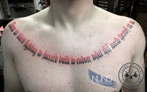 Tattoo lettering black and red, no outline! Black And Red Lettering Tattoo, Red Text Tattoo, Red Lettering Tattoo, Red Ink Tattoo Words, Buda Tattoo, Writing Tattoos, Text Tattoo, Red Ink Tattoos, Chest Tattoo Men