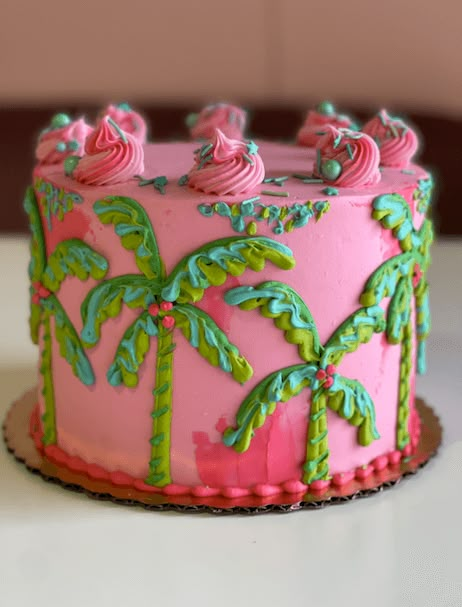 Lilly Pulitzer Cake Ideas, Lilly Pulitzer Birthday Cake, Pink And Teal Birthday Cake, Flamingo Cookie Cake, Lilly Pulitzer Cake, Unisex Birthday Cake, Beachy Cake, Palm Tree Cake, Coastal Cake