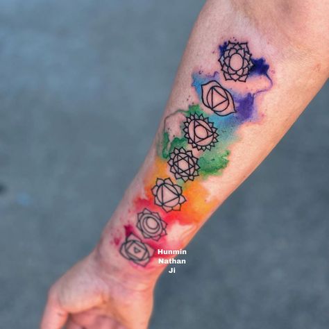 @hunminji shared a photo on Instagram: “Chakra symbols with rainbow color effect for Joel, thank you for coming! . . . #tattoo #tattooartist #bodyart #watercolor #watercolour…” • Jun 18, 2021 at 5:07pm UTC Chakra Tattoo, Chakra Symbols, Thank You For Coming, Rainbow Color, Color Effect, Tattoo Idea, Future Tattoos, I Tattoo, Rainbow Colors