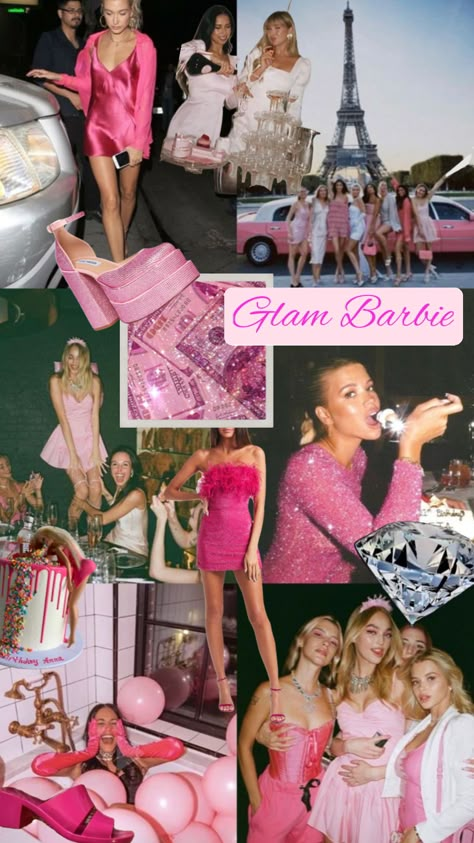 #glambarbie #bacheloretteparty #hotpinkoutfitinspo #prettyinpink #bachelorettetheme Barbie Bachelorette Party Themes, Pretty In Pink Bachelorette Party Outfit, Birthday Barbie Outfit, Barbie Theme Hens, Glam Barbie Bachelorette, Drag Brunch Outfit, Bachelorette Pretty In Pink, Barbie Bachelorette Party Outfit, Glitz And Glam Bachelorette Party Pink