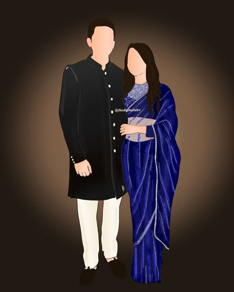 Saree Illustration Digital, Saree Caricature, Engagement Illustration Couple, Indian Wedding Doodle, Sangeet Caricature, Indian Wedding Couple Illustration, Indian Couple Illustration, Couple Caricature Wedding, Saree Illustration