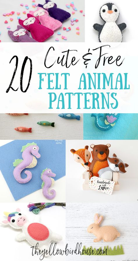 20 Super Cute Free Felt Animal Patterns - The Yellow Birdhouse Felt Bears Pattern, Miniature Animals How To Make, Things To Make With Felt Sewing Patterns, Felt Alligator Pattern, Felt Plushies Diy Free Pattern, Felties Patterns Free, Free Patterns For Felt Ornaments, Felt Woodland Animals Pattern, Stuffed Toy Patterns Free