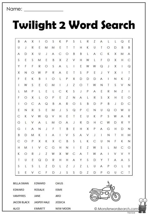 awesome Twilight 2 Word Search Twilight Word Search, Disney Word Search Free Printable, Word Search Disney, Twilight Printables, Word Search Printables Difficult, Difficult Word Search, Free Word Search Puzzles, Free Word Search, Free Time Activities