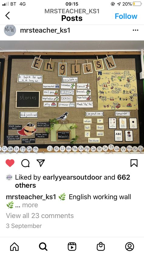 Working Wall Display Eyfs, English Display Board Ideas, Literacy Wall Displays Early Years, Ks1 Reading Corner, English Working Wall Ks2, Year 3 Classroom Ideas Uk, English Corner Classroom Ideas, Year 4 Classroom Ideas, Hessian Classroom Display