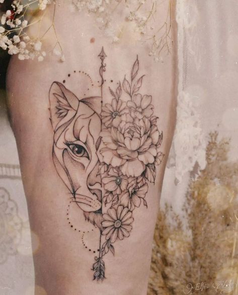 Female Lion With Cubs Tattoo, Gemini Tattoo Ideas Unique For Women, Lioness And Flowers Tattoo For Women, Lioness And Cubs Tattoo Mothers Thigh, Lioness With Flowers Tattoo, Mama Lion And Cubs Tattoo With Flowers, Floral Lioness Tattoo For Women, Lioness And Cub Tattoo, Lion And Lioness Tattoo