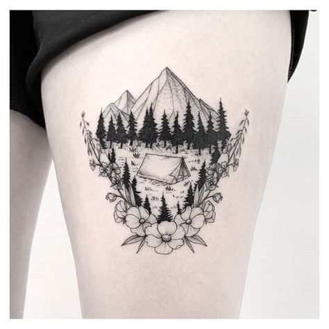 Where is your ideal place to go camping? Tag a friend who would love this!! Artist: @calm.l0ck . . #campingtattoo #tattooideas #tatouage… Camping Memorial Tattoo, Camp Tattoo, Tribute Tattoo, Camping Tattoo, Mountains Tattoo, Mother Nature Tattoos, Travel Tattoos, Ink Water, Sibling Tattoos