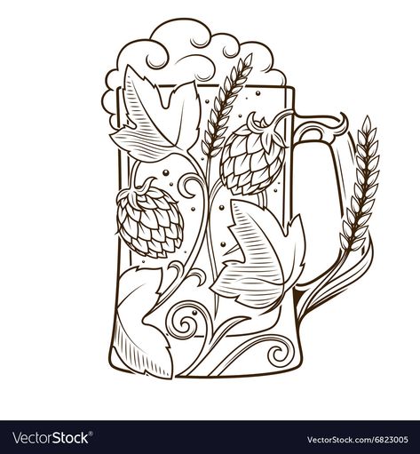 Beer Mug Illustration, Beer Drawing, Beer Hops, Beer Illustration, Christmas Beer, Beer Art, Vintage Beer, Outline Drawings, Beer Mug