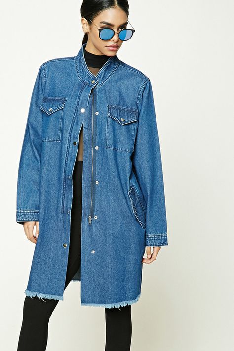 FOREVER 21+ Longline Denim Buttoned Jacket Longline Denim Jacket, Girls Night Outfit, Outwear Fashion, Denim Outerwear, Dressy Outfits, Jacket Buttons, Denim Outfit, Look Chic, Denim Top