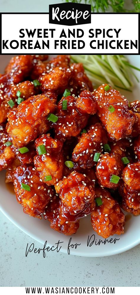 A plate of Korean fried chicken coated in a sticky, sweet, and spicy glaze, garnished with sesame seeds and green onions, served alongside fresh julienned cucumber for a flavorful and crispy dish. Crispy Sticky Chicken, Sticky Korean Chicken, Spicy Glazed Chicken, Korean Dessert Recipes, Korean Bbq Recipes, Korean Noodle Recipes, Chinese Fried Chicken, Korean Sushi, Korean Comfort Food