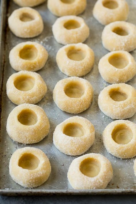 Thumbprint Cookies | Sugar Cookies #cookies #baking #christmas #dessert #dinneratthezoo Vanilla Thumbprint Cookies, Chocolate Spritz Cookies, Thumbprint Cookies Easy, Pillsbury Sugar Cookies, Thumbprint Cookie, Jam Thumbprint Cookies, Christmas Cookie Recipes Holiday, Eggnog Cookies, Gf Cookies