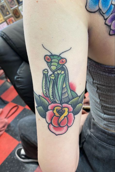 Traditional Mantis Tattoo, American Traditional Praying Mantis Tattoo, Small Praying Mantis Tattoo, Praying Mantis Tattoo Traditional, Praying Mantis Tattoo, Praying Mantis Art, Mantis Tattoo, Vintage Praying Mantis Illustration, Beetle Tattoo