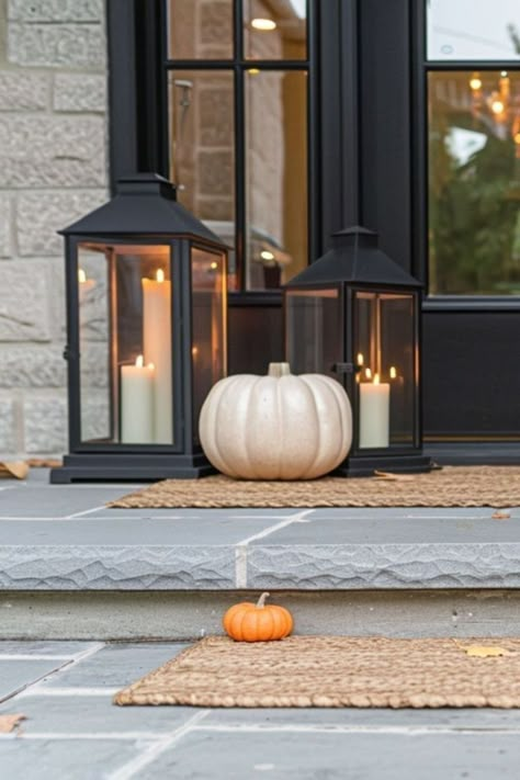 Fall Door Entrance Ideas, Small Fall Porch Decorating Ideas, Autumn Porch Ideas, Fall Porch Steps, Fall Front Door Ideas, Tiny Front Porch, Simple Fall Front Porch, Small Fall Porch, Rustic Front Porch Decor