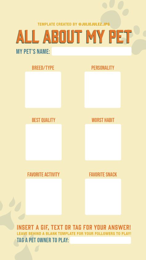 All About My Pet IG Template by JulieJulez.com Pet Profile Template, Pet Care Printables, Templates For Instagram Stories, Engagement Questions, Puppy Instagram, All About Me Printable, Dog Template, Dog Instagram, Cat Template