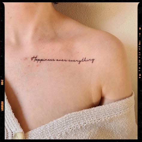 Inspiration Quote Tattoo On Collarbone Writing Chest Tattoo Female, Quote Collar Bone Tattoos, Color Bone Tattoos For Women Quotes, Middle Collarbone Tattoo, Collarbone Tattoo Writing, Collar Bone Quote Tattoo, Collarbone Script Tattoo, Color Bone Tats Women, Collarbone Quote Tattoo