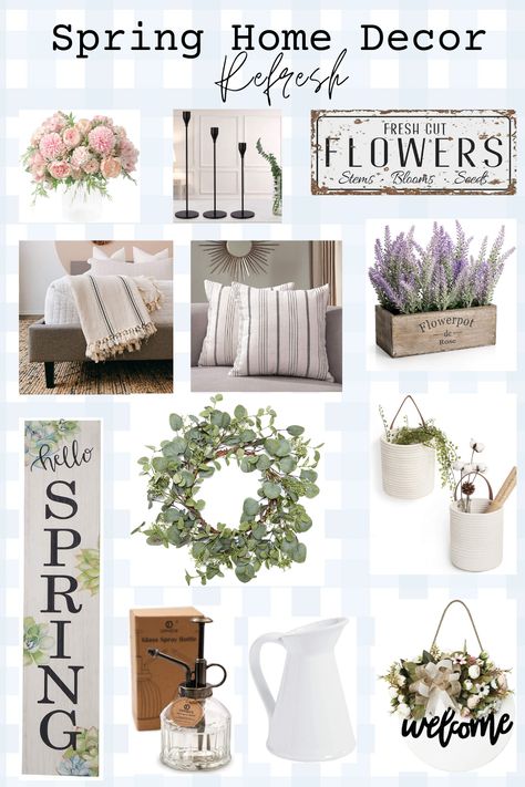 Spring Home Decor Refresh. Here's a roundup of spring home decor if you are feeling the need for a home refresh and some inspiration! When To Start Planting For Spring, Spring Decorating Ideas For The Home, Modern Farmhouse Porch Decor, Spring Door Decorations, Farmhouse Spring Decor, Modern Farmhouse Porch, Spring Mantle Decor, Spring Favorites, Spring Door Decoration